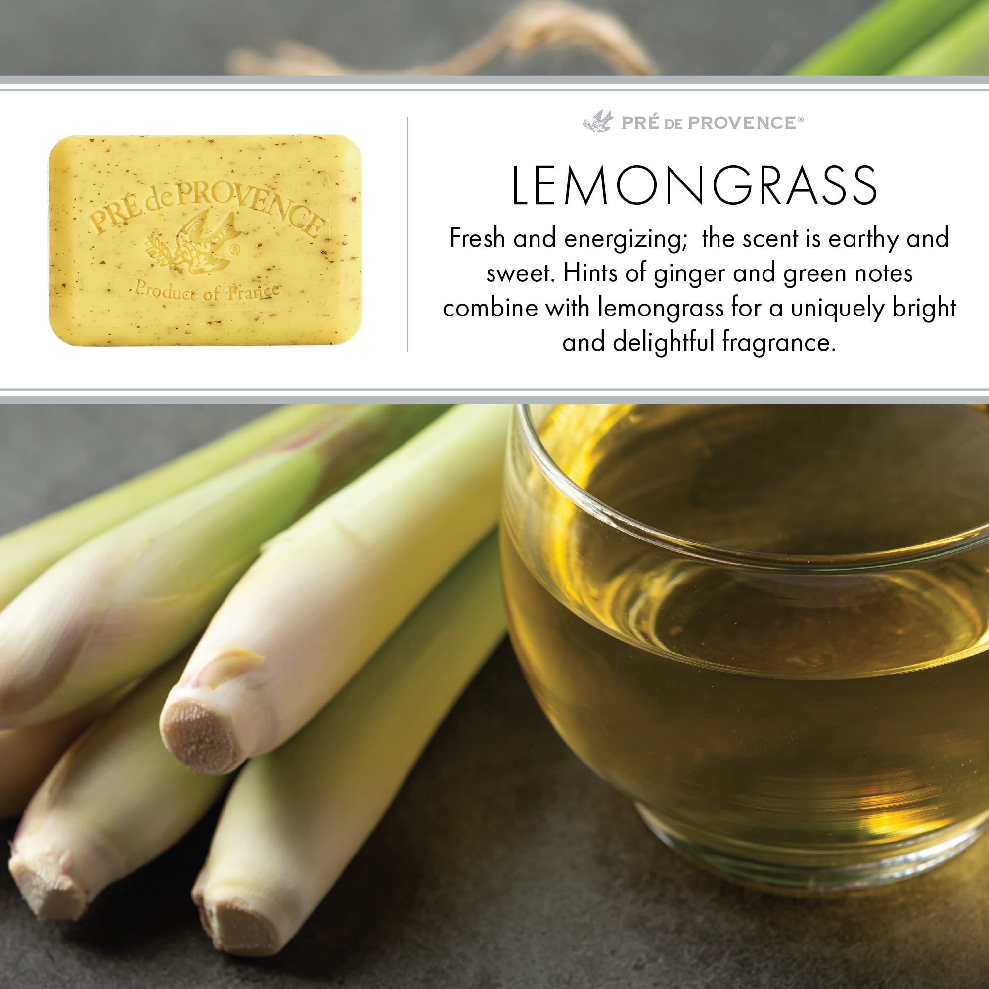 Pre de Provence Artisanal Soap Bar, Natural French Skincare, Enriched with Organic Shea Butter, Quad Milled for Rich, Smooth & Moisturizing Lather, Lemongrass, 5.3 Ounce